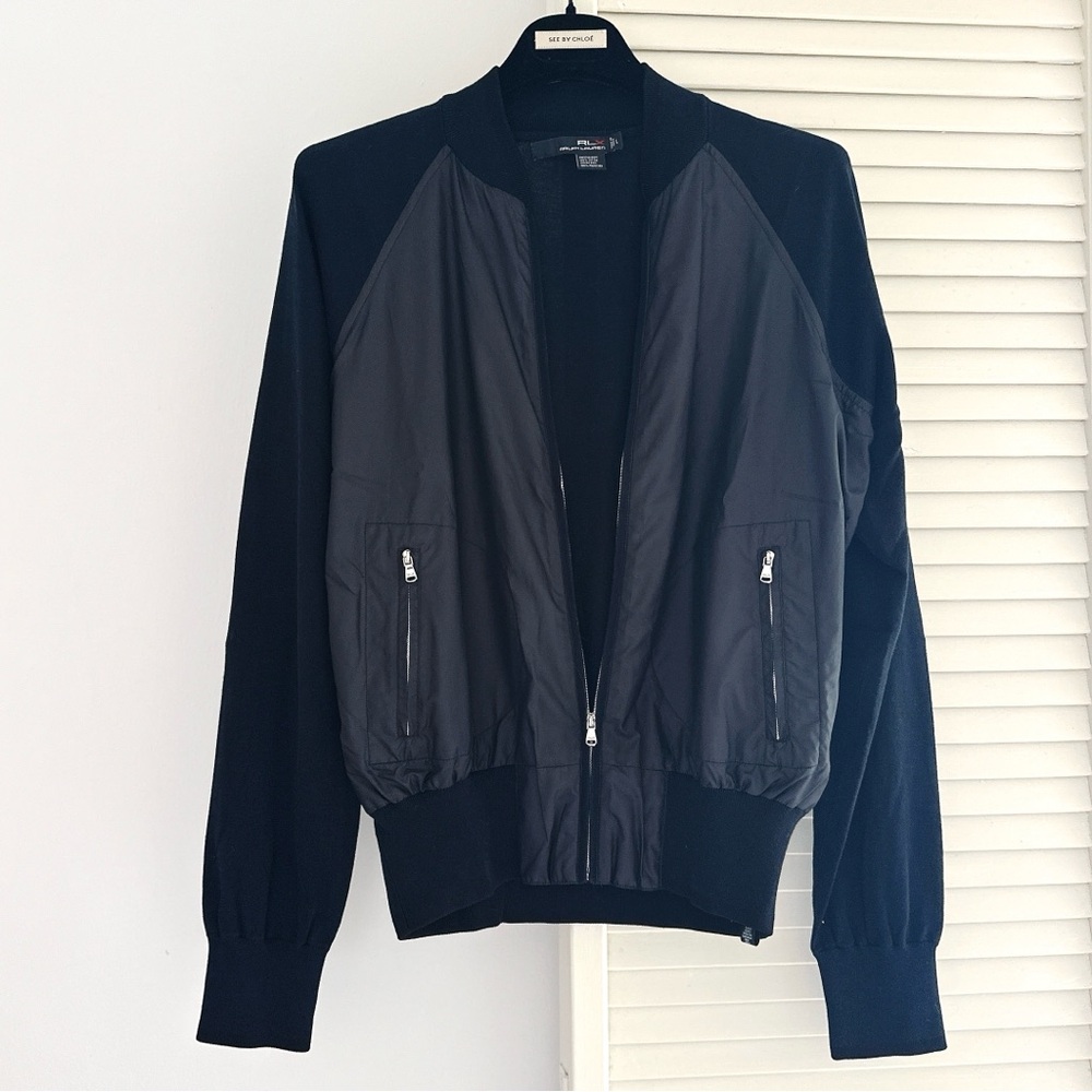 NEW! RLX Lightweight Cotton Knit Jersey Zip Up Jacket sz L Black Varsity RRL